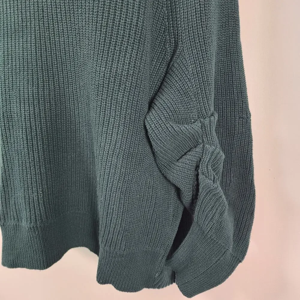Cabi Women Pullover Sweater Small Green Knit Ruched Sleeve Cowl Neck Cotton 3532